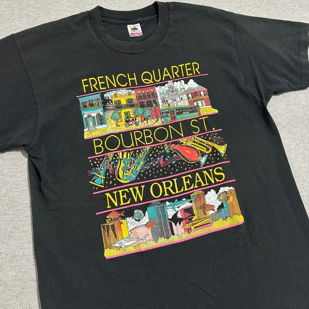 Vintage 90s New Orleans French Quarter Bourbon St Neon Graphic Tee Black Mens XL